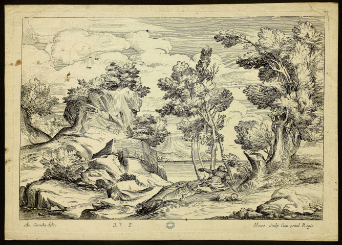 [Paysage avec un homme et un chien] [image fixe] / An. Carache delin. J Massé Sculp. Cum privil Regis , 1707/1767