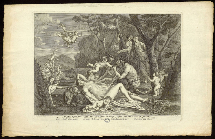 Cupido wakende voor syn slapende Moeder Venis spreekt tot de Saters [Vénus endormie découverte par deux satyres] [estampe] / N. Poussin Pinx.  ; M. P. Scul. , [S.l.] : [s.n.], [c.a. 1720]