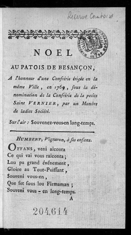 Noel au patois de Besançon composé par un membre de la Société de Saint-Vernier [probablement M. Bizot]