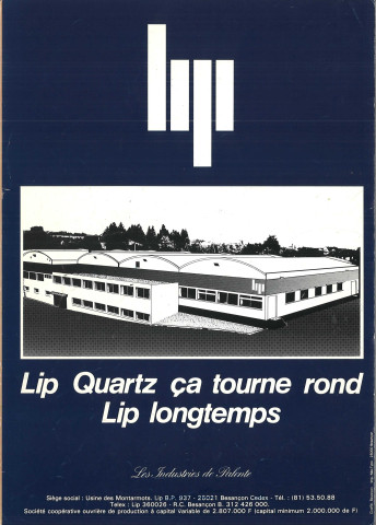 2MDT120 - Les Industries de Palente, catalogue "Lip Quartz ça tourne rond" : catalogue des montres (2 pages) ; planches de modèles de montres numérotées avec visuels sous forme de vignette (1981).
