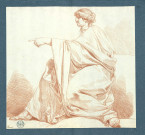 Femme assise : la main droite cachée, le bras gauche tendu, index pointé vers la gauche, la jambe gauche est pliée ; assise de profil gauche / François-André Vincent , [S.l.] : [F.-A. Vincent], [1700-1800]