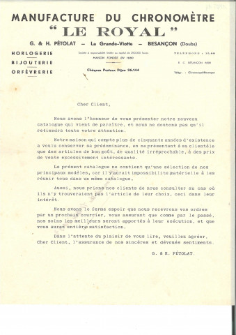 Fabriques G. et H. Pétolat (La grande Viotte, Besançon), manufacture du chronomètre Le Royal : lettre sur papier à en-tête du 11 mai 1933.