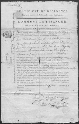Ms Z 748 - Certificat de résidence pour François Mareschal. Besançon, 1793