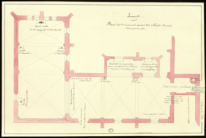 Plan de l'ancienne église Notre-Dame à Luxeuil, démolie en 1782 [dessin] / A. Marquiset , [Luxeuil] : [A. Marquiset], [1800-1899]