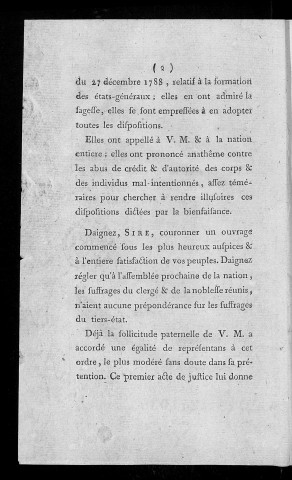 Lettres du magistrat et des quatre-vingt-quatre notables représentant la commune de la cité de Besançon, délibérées en assemblée générale. tenue à l'hôtel de ville le 16 janvier 1789. Adressé au roi