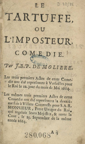 Le Tartufe ou l'Imposteur. M. de Pourceaugnac. Le Bourgeois gentilhomme de J.-B. Molière