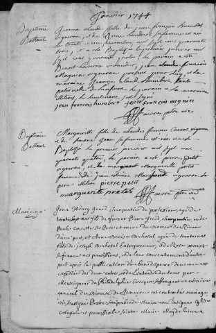 Paroisse Sainte Madeleine : baptêmes (naissances), mariages, sépultures (décès) (, 31 décembre 1743 - 31 décembre 1744)