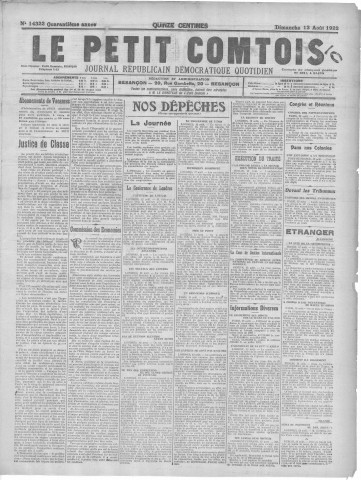 13/08/1922 - Le petit comtois [Texte imprimé] : journal républicain démocratique quotidien