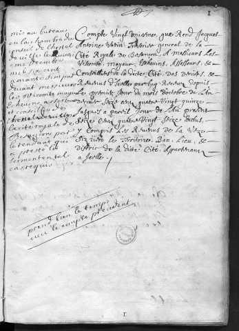 Comptes de la Ville de Besançon, recettes et dépenses, Compte de Jacques Antoine Varin (1er octobre 1695 - 30 septembre 1696)