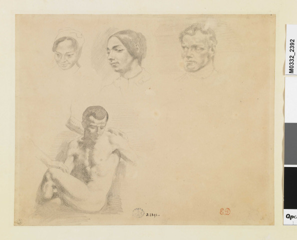 Feuille d'études : trois études de têtes ; un homme nu assis
