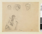 Feuille d'études : trois études de têtes ; un homme nu assis