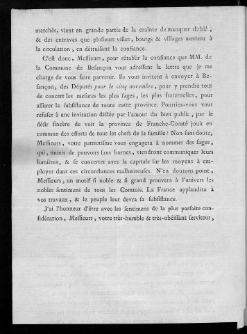 Lettre de M. le Marquis de Langeron, à M. M. les Officiers municipaux des quatorze villes principales de la province A Besançon le 26 octobre 1789