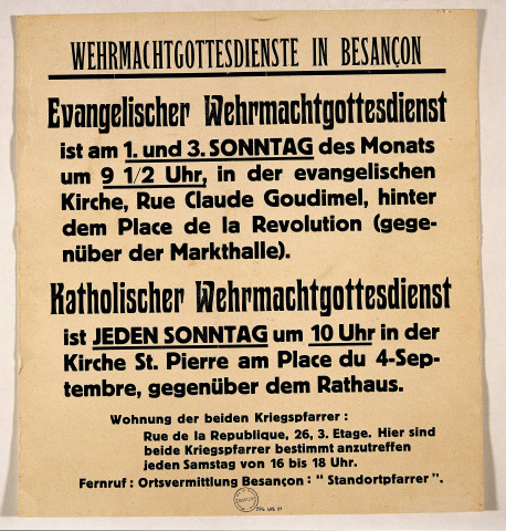 Wehrmachtgottesdienste in Besançon, affiche