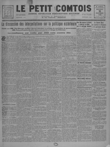 15/11/1933 - Le petit comtois [Texte imprimé] : journal républicain démocratique quotidien