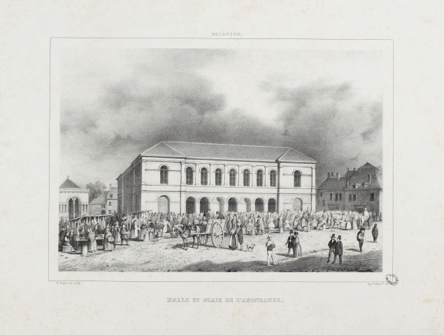 Halle et Place de l'abondance [image fixe] : Besançon / F. Roguet del: et lith:  ; Imp: Valluet Jne edr : Imprimerie Valluet jeune, 1800/1899