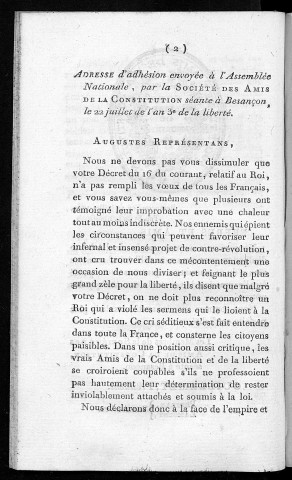 Adresse d'adhésion advoyée à l'Assemblée Nationale par la Société des Amis de la Constitution séante à Besançon, le 22 Juillet de l'an 3 de la liberté
