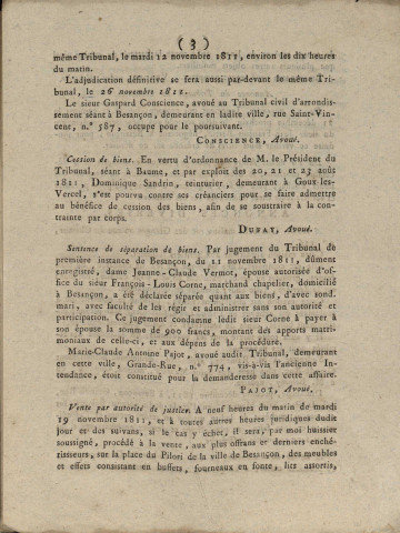 17/11/1811 - Feuille d'avis autorisée par arrêté de M. le Préfet du département du Doubs