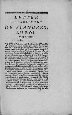 Lettre du Parlement de Flandres au Roi, du 27 Mars 1771