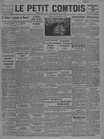 15/11/1940 - Le petit comtois [Texte imprimé] : journal républicain démocratique quotidien