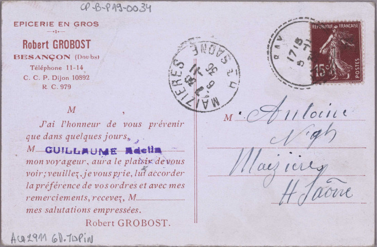[Avis de passage de l'épicerie Grosbot de Besançon]. [image fixe] , 1904/1936