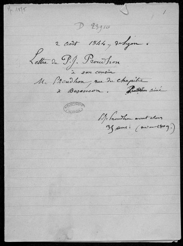 Ms 1878 - Correspondance de Pierre-Joseph Proudhon et de son cousin Melchior Proudhon, 1844-1857.
