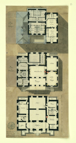 Plan du château de Montendre en Champagne. Plans du 1 er étage, du rez-de-chaussée, des souterrains / Pierre-Adrien Pâris , [S.l.] : [P.-A. Pâris], [1700-1800]