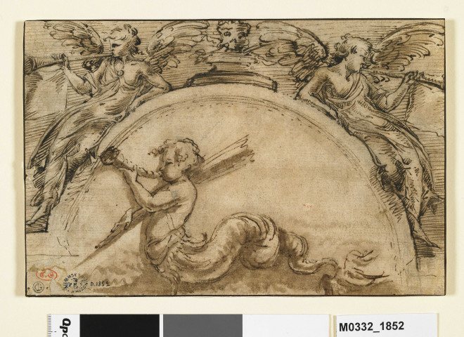 Personnages soufflant dans des instruments (recto) ; plusieurs médaillons (verso)