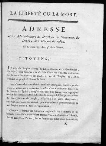 Adresse des administrateurs du Directoire du département du Doubs, aux citoyens de son ressort, du 24 Mars 1792...
