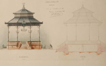 Projet de construction d'un kiosque : plan, coupe et élévation en couleurs dressés par Edouard Gribling le 25 octobre 1883.