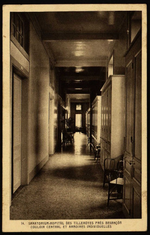 Sanatorium-Hôpital des Tilleroyes près Besançon - Couloir central et armoires individuelles [image fixe] , Mulhouse : Imp. Braun :, 1930-1938