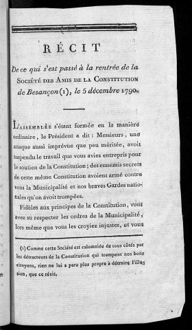 Récit de ce qui s'est passé à la rentrée de la Société des Amis de la constitution de Besançon. le 5 décembre 1790