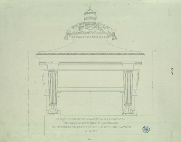 Vasque de porphyre trouvée dans le Panthéon, servant aujourd'hui de sarcophage au tombeau de Clément XII, à St Jean de Latran à Rome / Pierre-Adrien Pâris , [S.l.] : [P.-A. Pâris], [1700-1800]