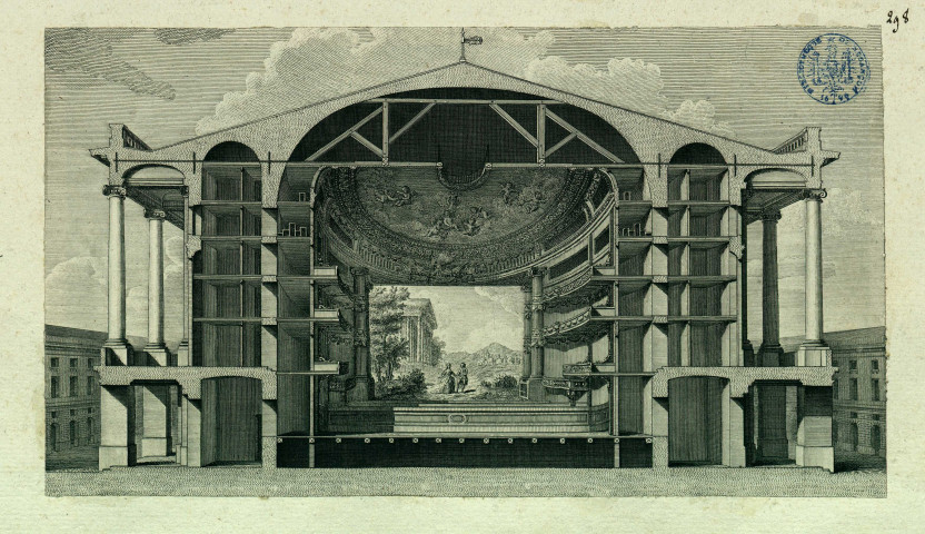 Coupe sur la largeur d'un théâtre projeté / par [Jean-Baptiste ?] Collet , [S.l.] : [S.n.], [1700-1800]
