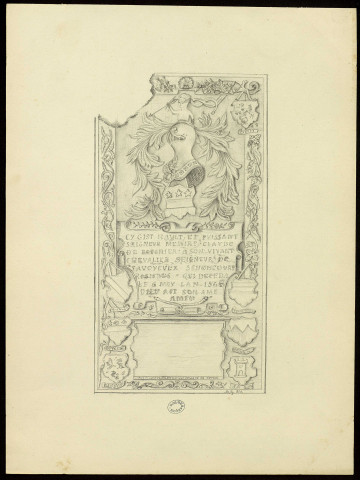 Dalle tumulaire de Claude III de Fouchier, dans l'église de Savoyeux (Haute-Saône) [dessin] / Marianne Guyet , [Savoyeux] : [M. Guyet], [1841]