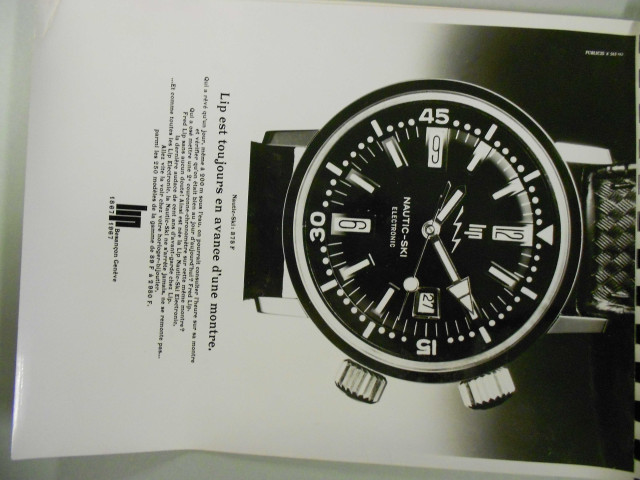 Opérations commerciales et documents promotionnels :
- Confiés, pertes et profits, 1962-1968. Documents promotionnels :
support carton
- LIP sport ville électronic, 1 page, s.d.
- Chronométrage "tous services", 1 page (2 exemplaires), s.d.
-LIP Electronic, 1 affiche (2 exemplaires).
- Remplacement de la pile sur la montre R 148, s.d.(en français, anglais et italien)
- LIP électronic R 148 : document technique en anglais, 32 pages, s.d.(2 exemplaires).
- Présentation de la R 148 : 1 catalogue en français et 1 en allemand, s.d.
- LIP électronic R 148 : document technique, 30 pages, s.d.(3 exemplaires)
- Chronomètre à quartz : caractéristiques techniques de l'horloge à quartz LIP-CSF, Mesucora, 1963
- Collectivité de la montre : choix d'un axe promotionnel et publicitaire / Havas-Conseil, 1965
- Campagne 1967 : document publicitaire sous forme de carnet, 6 cl. LIP Industrie : publicité, 1968
LIP équipements de précision : dossier documentaire comprenant différentes affiches, s.d. (2 exemplaires).