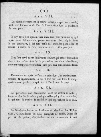 Arrêté du directoire du département du Doubs, du 19 mars 1792 l'an 4e de la liberté. Tarif à suivre provisiorement pour la taxe des témoins, en exécution de l'article XV du titre VI de la loi du 29 septembre 1791