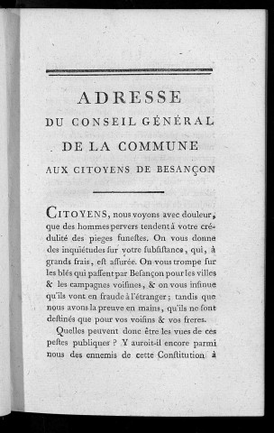 Adresse du conseil général de la commune, aux citoyens de Besançon
