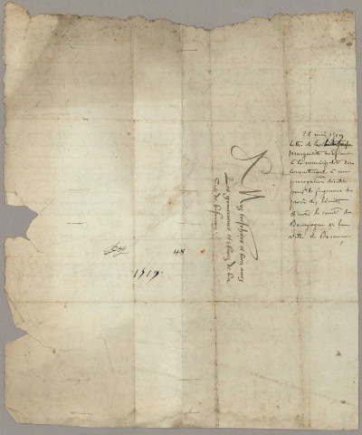 - Lettre des Empereurs d'Allemagne, des Rois de France, des souverains de la Franche Comté, des princes voisins à la commune de Besançon pour lui notifier des évènements lui adresser des recommandations ou lui demander des services - Lettre de l'Empereur Frédéric II, révoquant la concession des droits régaliens sur Besançon, jadis faite par lui au Comte Othon duc de Méranie (7 novembre 1249) - Lettre de la Comtesse Mahaut d'Artois (s.d.) - Acte de réponse faite par les gouverneurs de Besançon à une lettre du Roi de France Charles VI et du Duc de Bourgogne relative à la déposition du pape Benoît XIII, portant que la Cité suivrait toujours son archevêque dans les questions religieuses et l'Empereur dans les questions temporelles (30 octobre 1398) - Lettre de recommandation de l'Empereur Wenceslas (Prague, 20 novembre, s.d.) - Lettre de recommandation du Comte de Genève (s.d.) - Deux lettres de recommandation du Comte Duc Jean sans Peur (1402) - Copie d'un manifeste de Charles VI, roi de France, rétractant son adhésion à l'antipape Pierre de Luna (Paris, 12 janvier 1407) - Lettre du roi de France Charles VI notifiant aux villes la rébellion du dauphin et leur interdisant toutes relations avec lui (Provins, 13 mars 1419) - Lettres de Louis de Chalon (6 mai 1435, 22 mai 1452) - Lettre du Comte de Charolais (20 juin 1464) - Lettre du Comte Duc Philippe le Bon (10 juin 1465) - Mandement du Comte Duc Charles le Téméraire exemptant les denrées et marchandises destinées à Besançon des nouvelles gabelles imposées à ses sujets de Franche Comté (Vesoul, 22 mars 1474) - Mandement du Comte Duc Charles le Téméraire pour la saisie des biens des citoyens de Bâle qui pourraient être à Besançon (Luxembourg, 6 juin 1474) - Lettre de la Duchesse de Guyenné au sujet du vol d'une fourrure (Dijon, 6 mai sd) - Réponse du Roi de France Charles VIII à une demande de résiliation du traité qui liait la commune de Besançon au Duc de Bourgogne (Montils les Tours, 3 février 1483) - Lettre du Roi de France Charles VIII avisant la ville de Besançon de sa victoire de St Aubin du Cormier (Au Vergier en Anjou, 17 août 1488) - Lettre du Roi de France Charles VIII au sujet d'une expédition qui se prépare dans le pays de Ferrette contre le duché de Bourgogne (Amboise, 23 juillet 1489) - Lettre de l'Archiduc Philippe le Beau (Bruxelles, 20 novembre 1505) - Lettre de Marguerite d'Autriche en réponse à deux sollicitations des gouverneurs et jurés de Besançon concernant les suites à donner à une requête des héritiers de "Maître Pierre" face à Guillaume de Fustemberg et l'octroi d'un délai supplémentaire dans le procès sur les limites du territoire de la cité (28 mai 1519) (lettre foliotée 26 bis) - Mandements de l'Empereur Charles Quint au sujet de citoyens de Besançon inculpés (1526-1535) - Lettre en faveur de Guillaume de Poupet archidiacre de Besançon (21 septembre 1538) - Ambassade de la comtesse de Neuchâtel à la commune de Besançon (1543) - Lettres de la Régente Marie (Louvain, 10 octobre 1546) ; de la duchesse de Lorraine (15 juin 1552) ; du roi d'Espagne Philippe II (Bruxelles, 30 septembre 1558) ; de l'Archiduchesse Marguerite (Bruxelles, 11 avril 1559 et 13 mars 1563) ; de l'Empereur Ferdinand I (Prague, 20 octobre 1561, Fribourg , 28 décembre 1562, Vienne 17 avril 1564) ; de l'Archiduc Ferdinand (4 novembre 1567) ; de l'Empereur Maximilien (Vienne, 16 décembre 1573) ; du Comte de Montagudo, recommandant le Comte de Parme (Maëstricht, 14 octobre 1579) ; de l'Empereur Rodolphe II (Prague, 18 décembre 1589, 25 septembre 1584, 18 avril 1586, 15 mars 1598, 17 août 1602, 2 avril 1603, 23 février 1607); du Duc de Guise (10 mars 1583) ; de Frédéric, Comte de Wurtemberg et de Montbéliard (8 octobre 1585, 28 avril 1586, 2 février 1589, 30 avril 1589) ; du Duc de Savoie (29 janvier 1592, 12 octobre 1597) ; du Duc de Lorraine (Nancy, 5 octobre 1595) ; de l'Archiduc Albert (Bruxelles, 15 juillet 1599, Milan, 21 janvier 1599, Mariemont 2 octobre 1609) ; de l'Empereur Ferdinand II (Vienne, 1er mars 1620, 16 février 1626) ; de l'Empereur Ferdinand III (Vienne, 10 novembre 1637, 15 juin 1643, 22 décembre 1643, 8 février 1646, 9 août 1649, 8 octobre 1649) ; du Duc de Lorraine (Saarbrük, 10 janvier 1642) ; lettre relatives à des affaires particulières - Lettre de la Reine régente d'Espagne, notifiant la nomination de Jérôme de Quinones comme gouverneur de la Franche Comté (Madrid, 22 avril 1671) - Lettres du Roi Louis XV notifiant son avènement et la régence du Duc d'Orléans (Versailles, 1er septembre 1715 et 12 septembre 1715) ; du Duc Philippe d'Orléans (Paris, 16 septembre 1715) - Correspondance de la municipalité au sujet de la convalescence du roi Louis XV et de son passage à Vesoul (1744-1746) - Lettre du roi Louis XVI notifiant son avènement (Versailles, 10 mai 1774) - Bulle de pape Nicolas (Avril 1451), actes et lettres des empereurs et rois Maximilien Charles Quint, Philippe II d'Espagne, Maximilien II, des archiducs et de Mathias, revendiquant leurs droits pour la collation des bénéfices, en vertu du Concordat germanique (1500-1615)