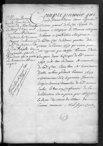 Comptes de la Ville de Besançon, recettes et dépenses, Compte de François Varin (1699)