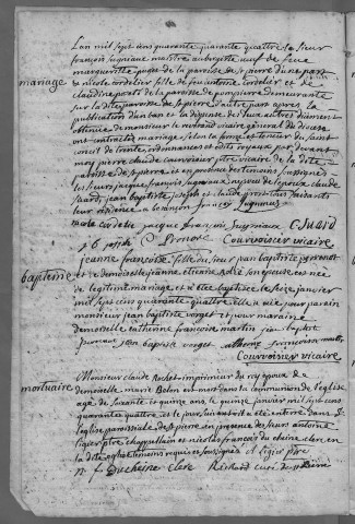 Paroisse Saint Pierre : baptêmes (naissances), mariages, sépultures (décès) (1er janvier au 25 décembre 1744)