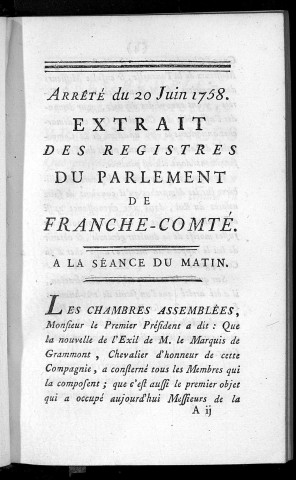 Très humbles remontrances du parlement de Franche-Comté au roi, au sujet de l'exil du marquis de Grammont, chevalier d'honneur de cette Compagnie