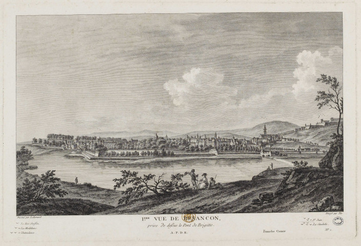 1ère vue de Besançon, prise de dessus le Pont de Brigitte [image fixe] / dessiné par l' Allemand, dirigé par Née , [S.l.] : [s.n.], [1700-1817] Franche-Comté ; N° 1
