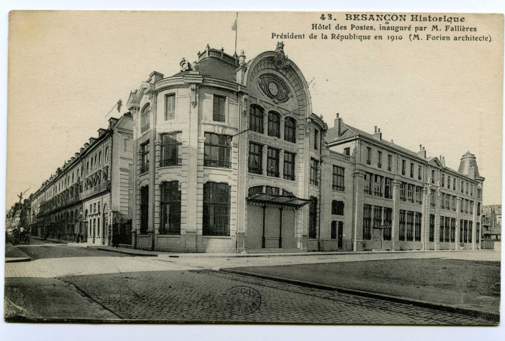 Besançon - Besançon-les-Bains - Hôtel des Postes, inauguré pare M. Fallières Président de la République en 1910 (M FLorien architecte). [image fixe] , Paris : I. P. M. Paris, 1904/1915