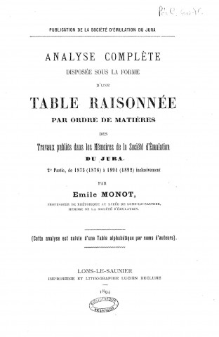 01/02/1875 - Mémoires de la Société d'émulation du Jura [Texte imprimé]