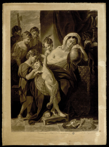 Agrippina furrounded by her children ueeping ever the ashes of germanicus [image fixe] / B. West R.A pinxit 1773 London. V. Green Engraveur in Metzotinto ti bis Majesty Ficit. From the Original Ricture in the Possesoin of A.Vesey Esq.  ; Published by J.Boydell Cheapfide July 23.1774 , 1774