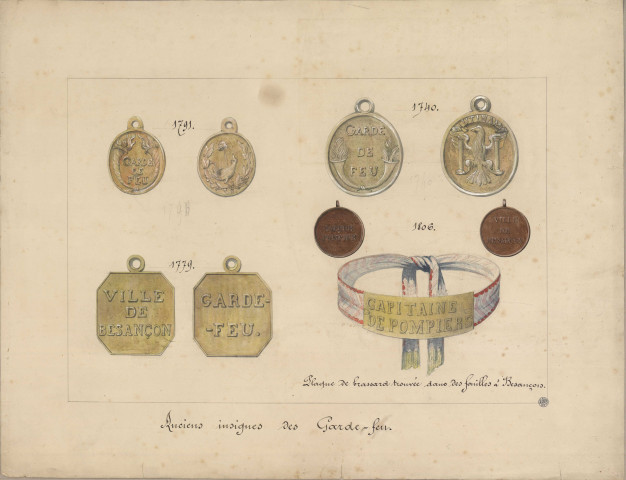 Anciens insignes des garde-feu [de Besançon] [dessin] , [Besançon ?] : [s.n.], [1800-1899]