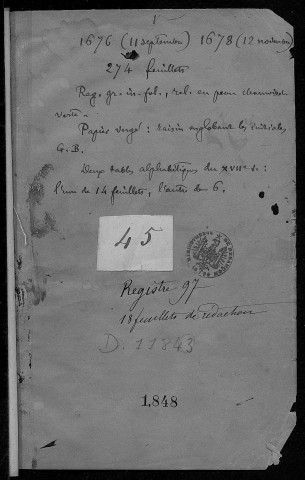 Ms 1848 - Inventaire et analyse des registres des délibérations municipales de la Ville de Besançon : 11 septembre 1676-1699 (tome VII). Notes d'Auguste Castan (1833-1892)