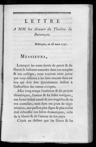 Lettre à MM. les acteurs du Théâtre de Besançon. Besançon, ce 18 mars 1791 /