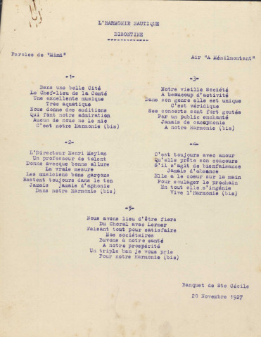 Chansonnette ; banquet de Sainte-Cécile.