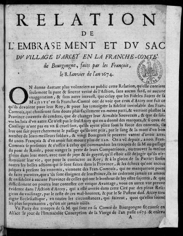 Relation de l'embrasement et du sac du village d'Arcey en la Franche-Comté de Bourgogne, faits par les François, le 8 janvier de l'an 1674